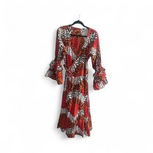 Ruffled sleeve Red-Orange Tribal Print Wrap Dress